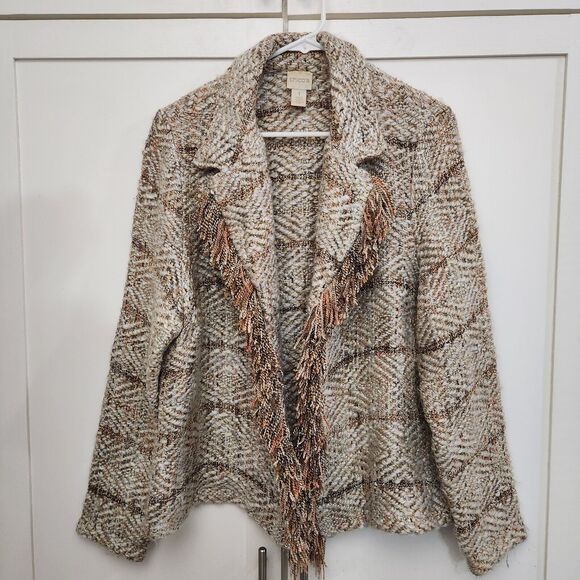 Chico's Sweaters - Chicos Womens Medium 1 Wool Alpaca Blend Knit Fringe Open Front Cardigan Sweater